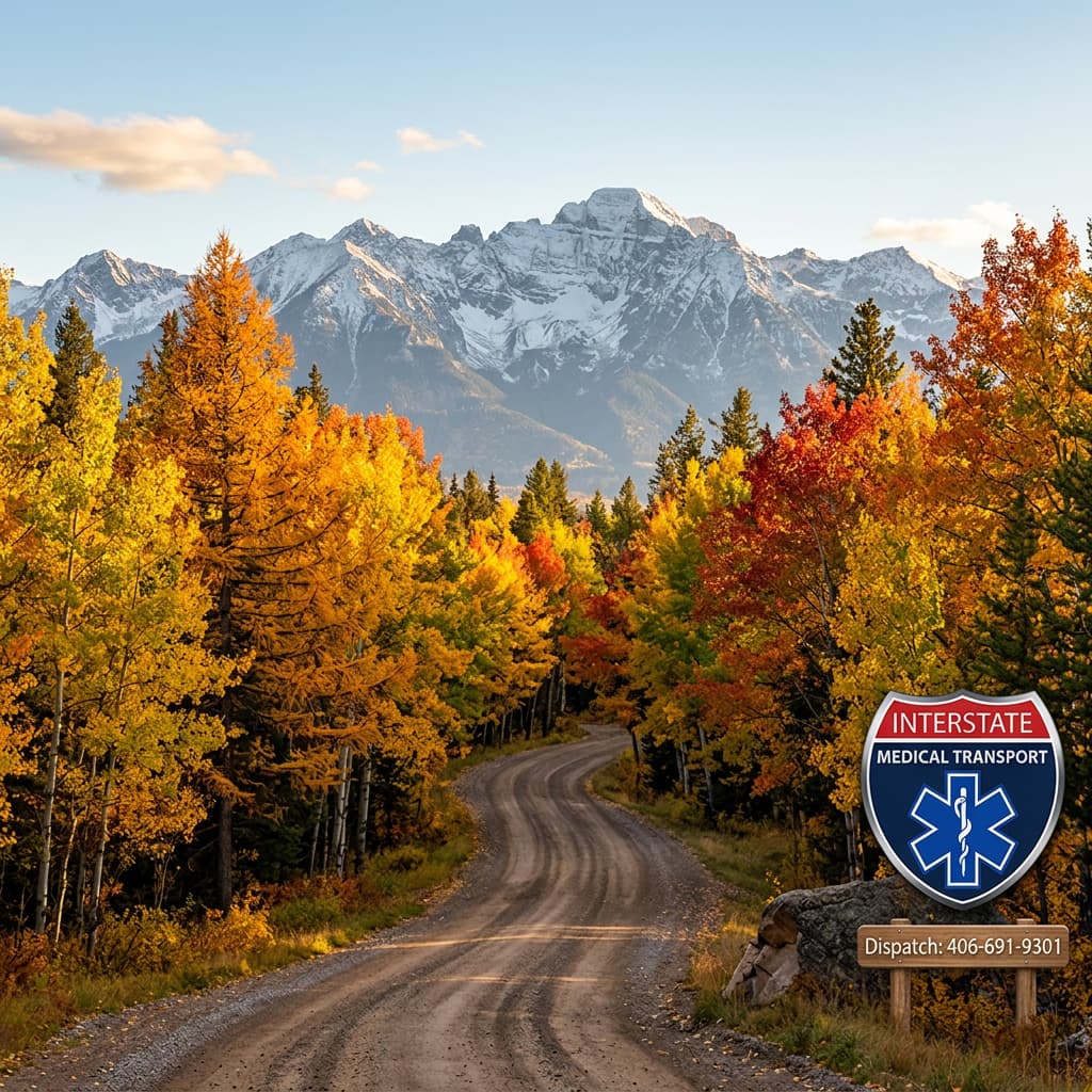 Peaceful Montana country road winding through forest, autumn colors, mountain vista in the background, tranquil scenery, God's handiwork