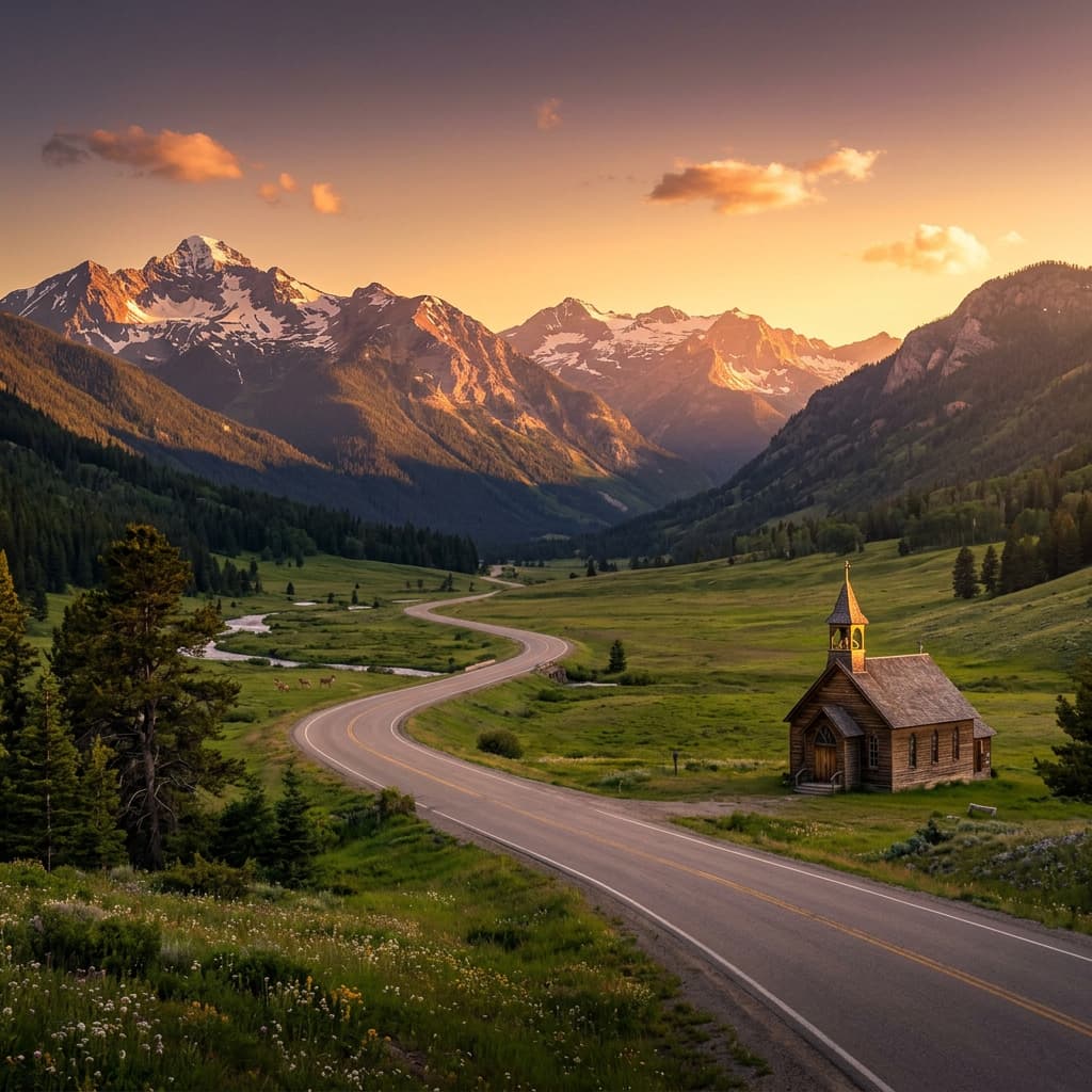 Peaceful Montana mountain scenery with a winding road through valley, golden hour lighting, majestic peaks, God's creation