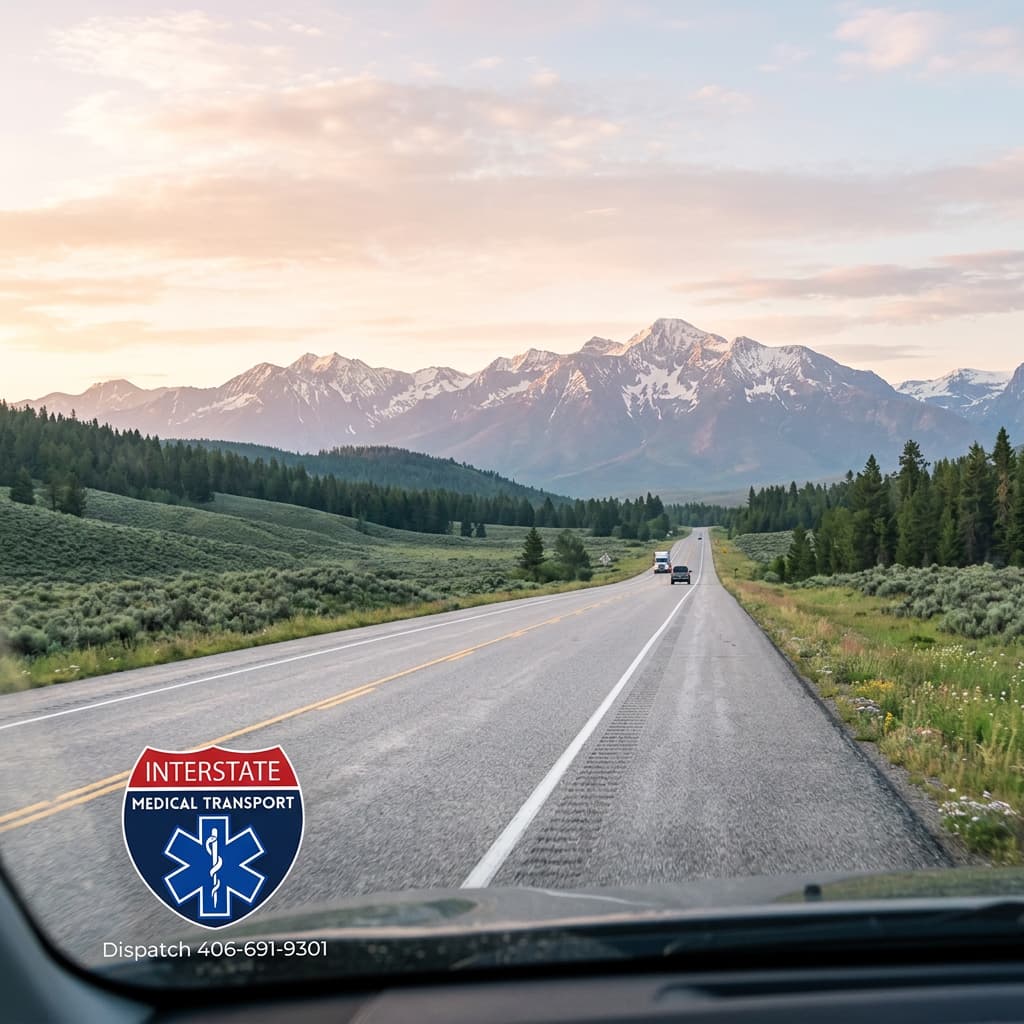 Serene Montana highway stretching into distance, snow-capped mountains, big sky country, peaceful road through wilderness